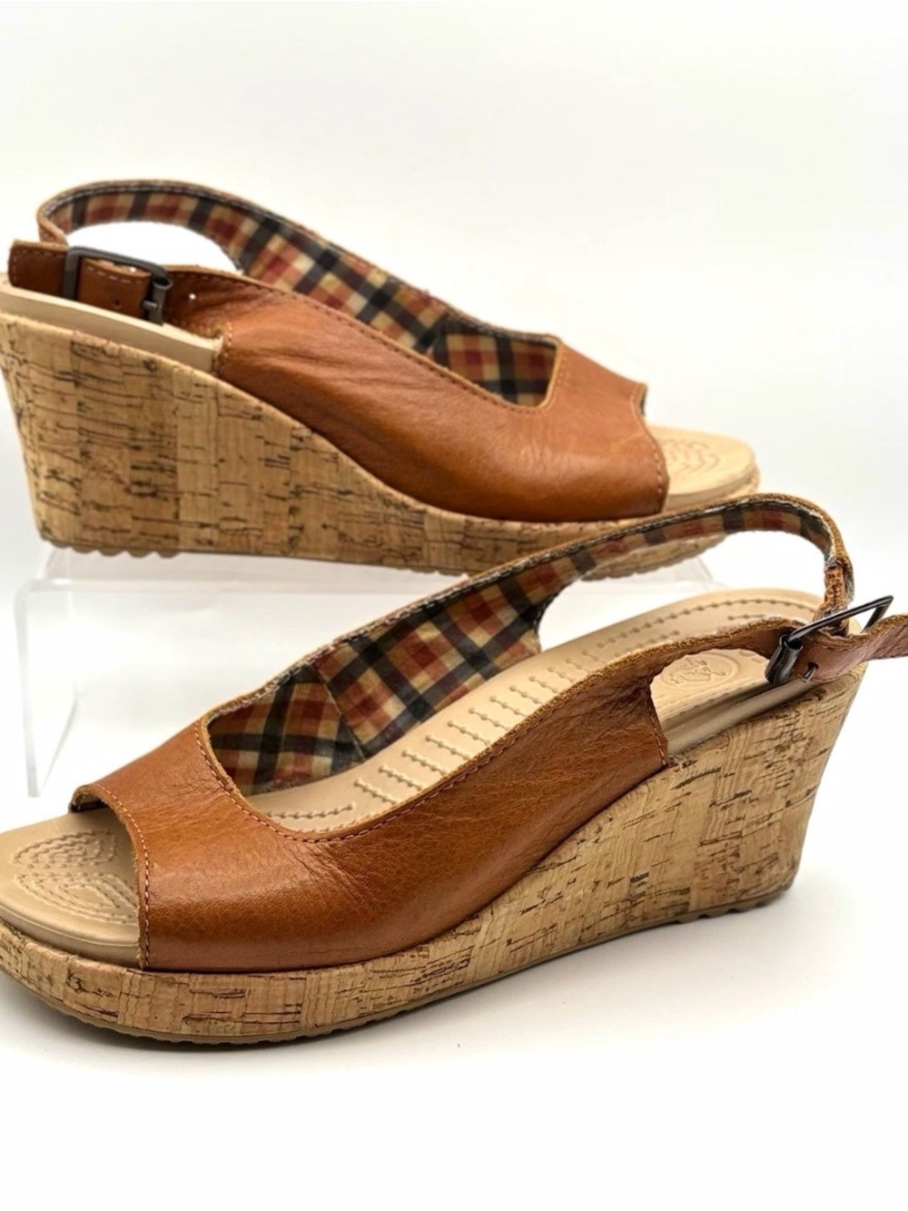 CROCS Women's Cognac Leather Cork Wedge Slingback Sandals